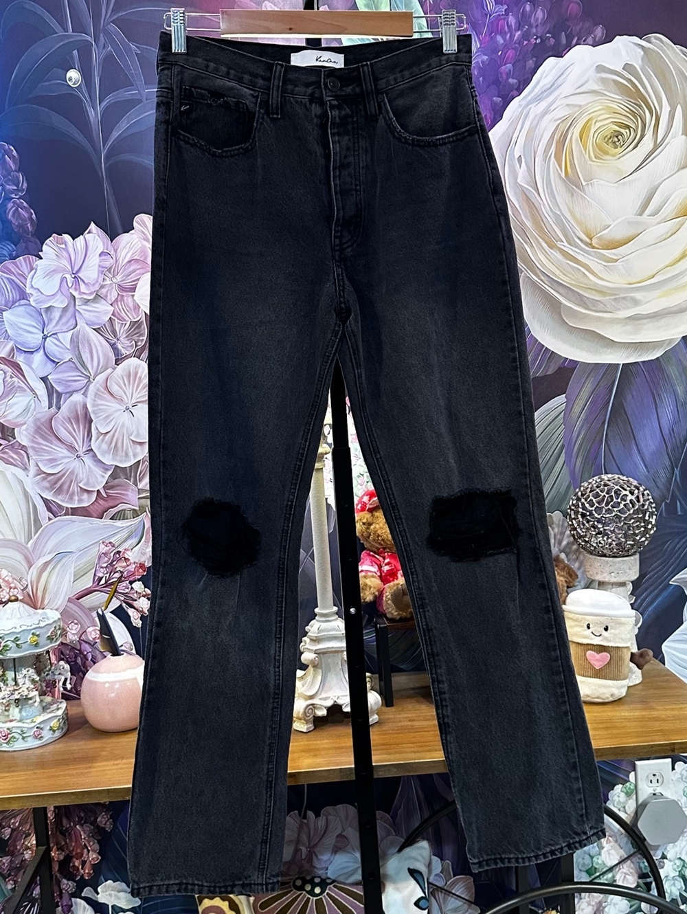 KanCan 7/27 High Rise Straight Leg Jeans Distressed Frayed Grunge Y2K Black Wash